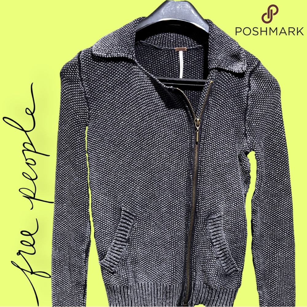 Free People (Sm) Moto blk/grey white asymmetrical zip up jacket sweater